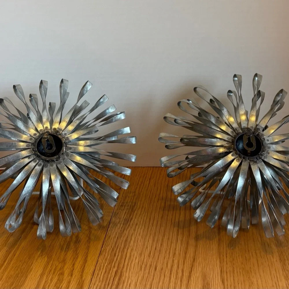 Industrial Modern Metal Wall Sculptures Pair Silver Burst Flower Art Decor 12” - Picture 12 of 12